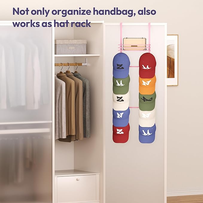 SWTYMIKI Over The Door Purse Organizer - Wall Mounted Handbag Organizer with 10 Hooks and Metal Basket, Hanging Purse Storage Rack Holds up to 10 Bags, Bag Rack Can Use As 1/2 Part, for Door, Closet