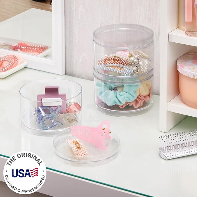 STORi Bella Stackable Clear Plastic Container (Set of 3) Round Vanity Storage Organizers with Lids for Hair Accessories & Beauty Supplies | Made in USA
