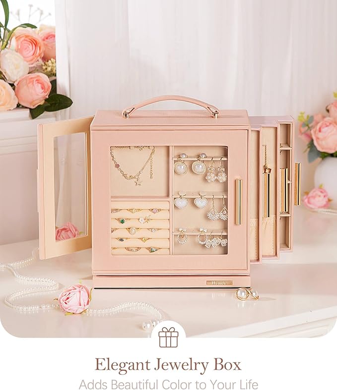 Homde Valentine's Day gifts Jewelry Box 360° Rotating, Necklace Earring Organizer with Transparent Window, Mirror, 7 Drawers, Large Ring Display Storage Case for Girls Women (Peach Pink)