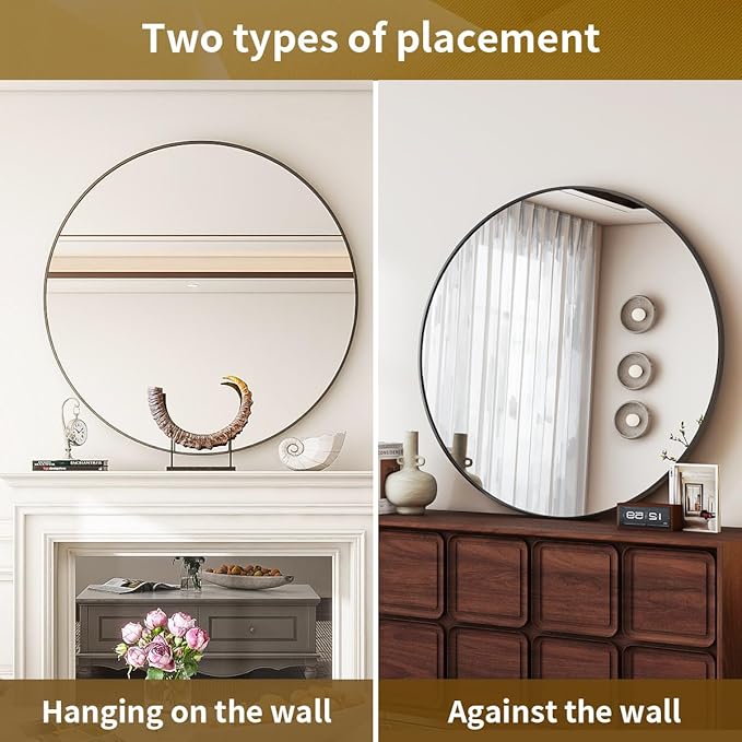 Black Round Mirror, 24 Inch Circle Bathroom Mirror with Metal Frame, Wall-Mounted for Entryway, Bathroom, Vanity, Living Room