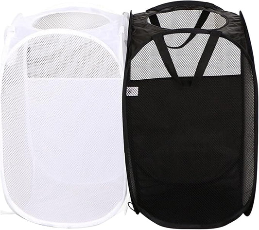 AQQA 2 Pcs Mesh Popup Laundry Hamper (Black/White),Popup Laundry Basket with Durable Handles,Foldable Pop-up Mesh Hamper Dirty Clothes Basket for Kids Room, College Dorm or Travel