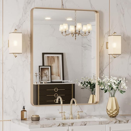 LOAAO 24”X32” Gold Bathroom Mirror, Rounded Rectangle Gold Frame Mirror, Brushed Gold Bathroom Vanity Mirror Wall-Mounted, Anti-Rust, Hangs Horizontally or Vertically