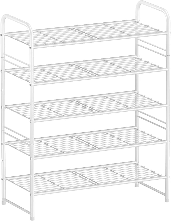 5-Tier Stackable Shoe Rack, Metal Shoe Shelf Storage Organizer, White