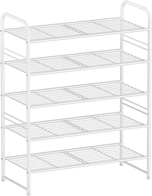 5-Tier Stackable Shoe Rack, Metal Shoe Shelf Storage Organizer, White