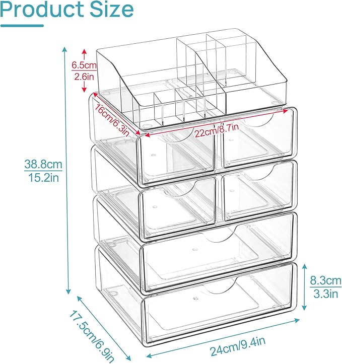 Vtopmart 5 Tier Clear Makeup Organizer with Drawer, Cosmetic Storage for Dresser Countertop and Bathroom Vanity, Beauty Holder for Lipstick Brush Skincare