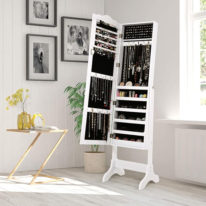 Giantex Jewelry Armoire with Full Length Mirror, Lockable Standing Jewelry Cabinet, Mirror with Jewelry Storage, Ring Earring Necklace Makeup Display, Jewelry Organizer Box for Women Girls (White)