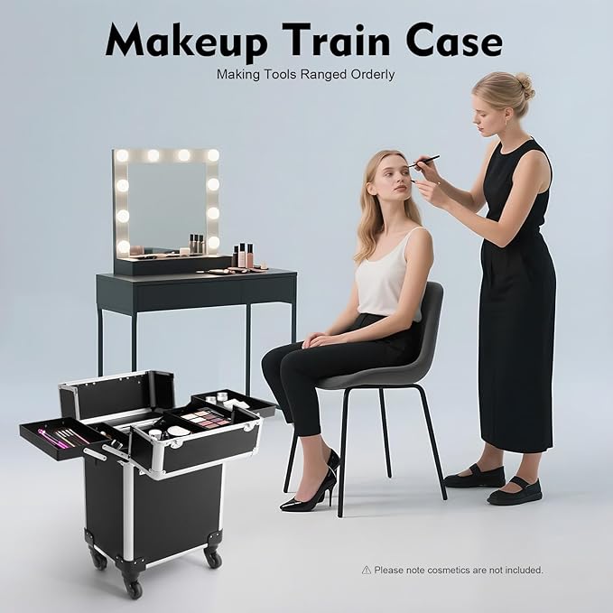 Rolling Makeup Case, Professional Cosmetic Train Case Trolley Roll Travel Box Large Capacity Salon Travel Case for Makeup Artist, Hairstylists, Nail Tech Makeup (Style 3)