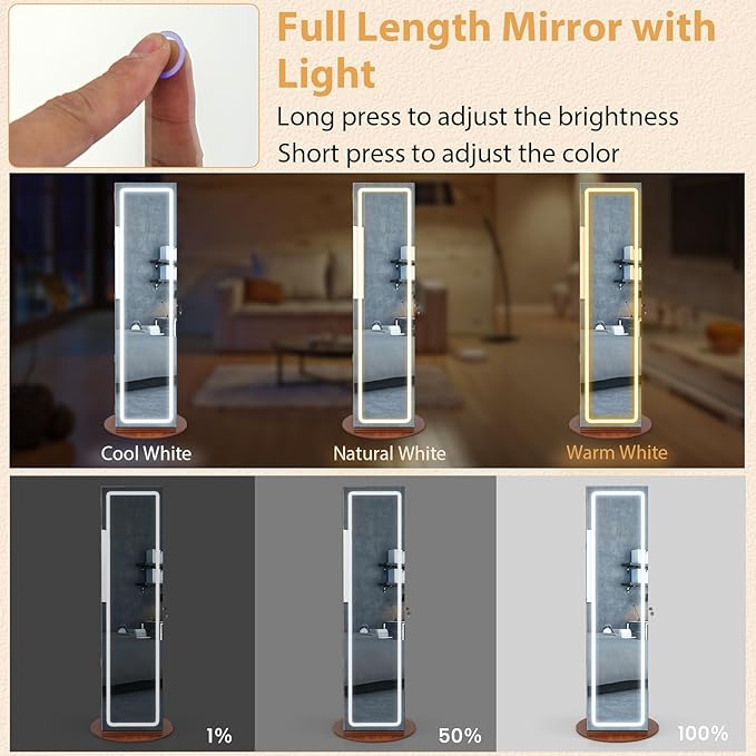 GOFLAME 360° Swivel Jewelry Cabinet Armoire with Full Length Mirror, Standing Jewelry Storage Organizer with Rear Storage Shelves, 3-Color LED Lights, Foldable Shelf, Interior Mirror, Walnut