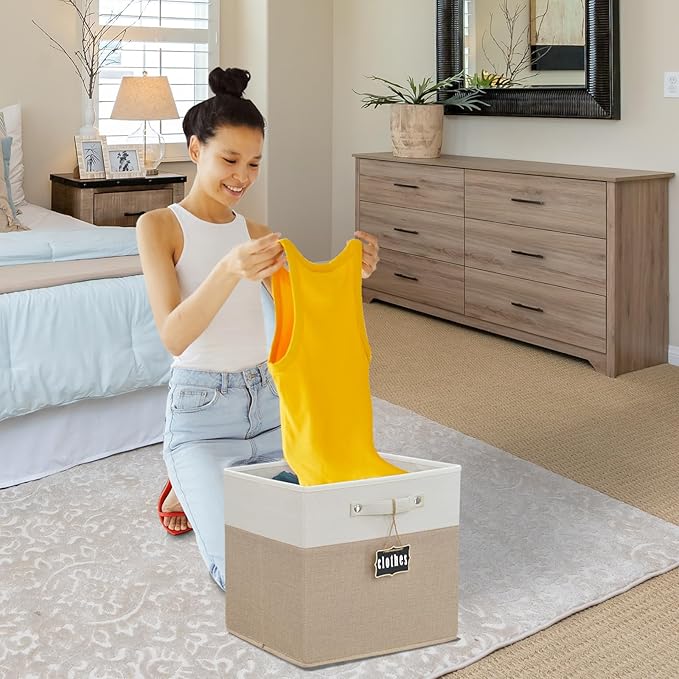 storage cubes 11x11x11Set of 4,Foldable Fabric Storage Cubes with Labels,Linen Cube Storage Organizer Bins Kallax Storage Cubes for Organizing Shelves Cabinet(White Khaki).
