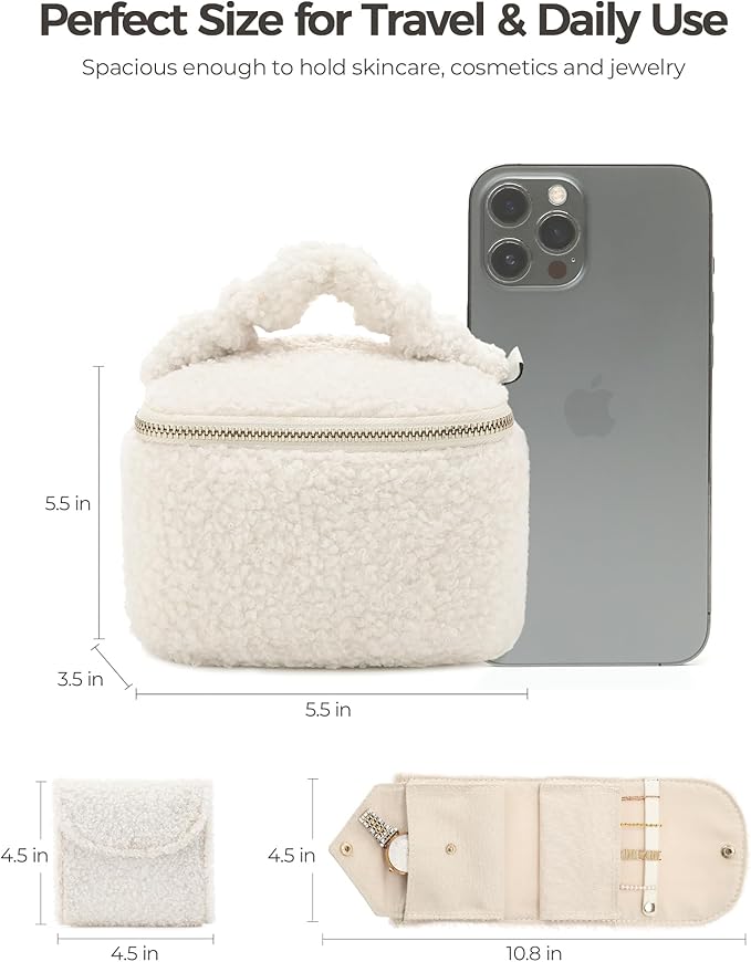 Travel Jewelry Case, 2-In-1 Small Jewelry Organizer Travel Jewelry Storage with Foldable Jewelry Roll for Earrings Rings Makeup, Travel Essentials Gifts for Women Girl,Cream White