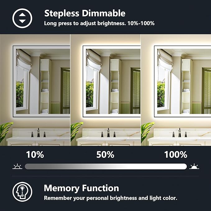 72x40 Inch LED Bathroom Mirror with Lights (Front Lit and Backlit) Black Framed Lighted Vanity Mirror for Bathroom Wall Dimmable Anti-Fog Memory Tempered Glass Horizontal/Vertical