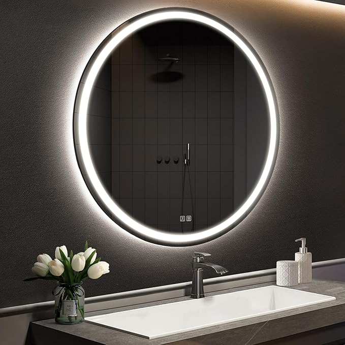 APRILSOUL 28 Inch Round LED Bathroom Mirror with Lights, Makeup Mirror with Front and Backlit, Anti-Fog, 3 Colors and Dimmable Light