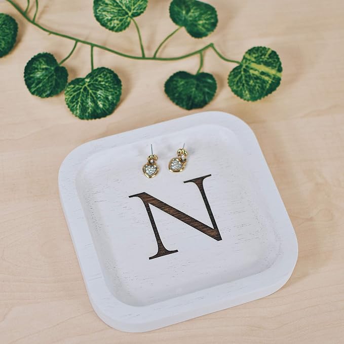 I'm Wooden Personalized Letter Catchall Valet Tray Trinket Dish Jewelry Tray Key Bowl Decorative Plate Organizing Ring Earrings Necklaces Bracelet Watch Coins Wallet Holder (6"x6" Sq White N)