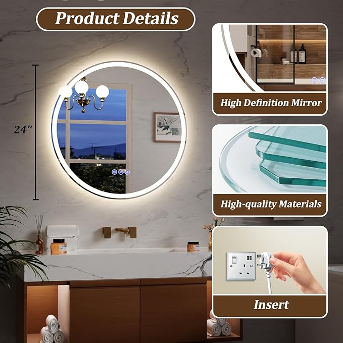 BEAUTYPEAK 24x24 LED Round Bathroom Mirror with Lights, Anti-Fog, Dimmable, Backlit + Front Lit, Lighted Bathroom Vanity Mirror for Wall, 3 Colors, Memory Function, Tempered Glass, Shatter-Proof