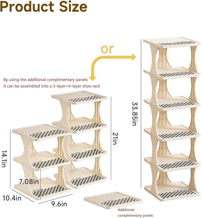 Vertical Shoe Rack 6 Tier Adjustable Shoe Organizer Small Shoe Shelf for Closet, Narrow Entryway, or Bedroom Easy to Assemble and Disassemble Holds Up to 7 Pairs of Shoes (White)