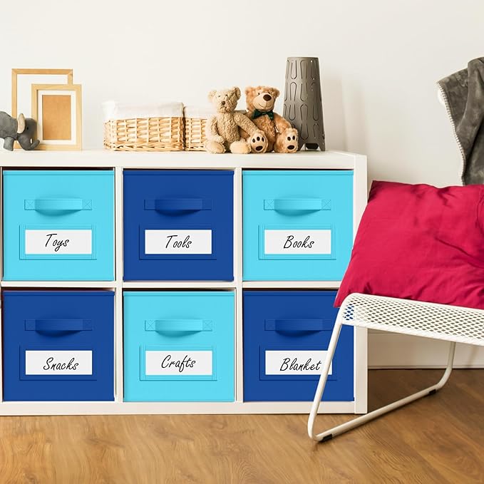 10 Pcs Fabric Storage Cubes with Labels 11 Inch Collapsible Cube Organizer Baskets with Window Cards for Shelf Nursery Clothes Book Toys Storage Bin(Lake Blue, Navy Blue)