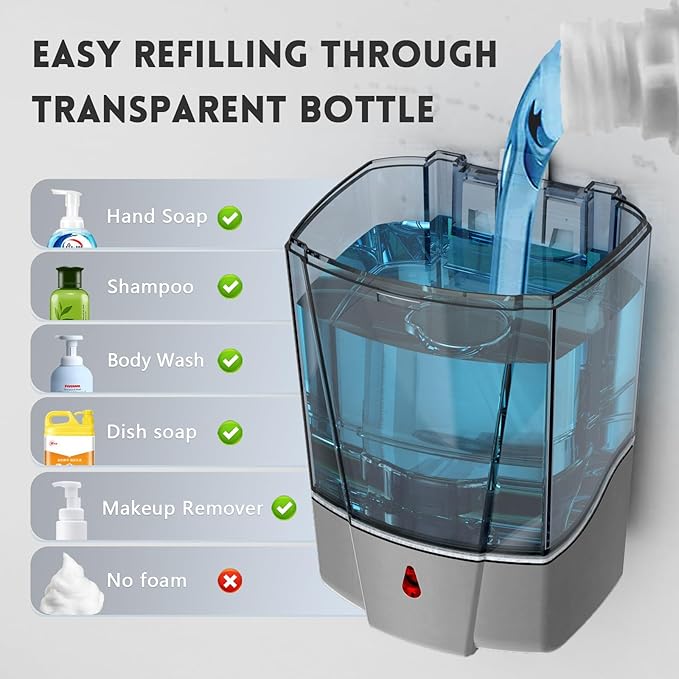 Automatic Soap Dispenser 20fl oz/600ml Touchless Wall Mount Liquid ABS Auto Hands Free Touchless Soap Dispensers Bathroom Kitchen 9031 Silver