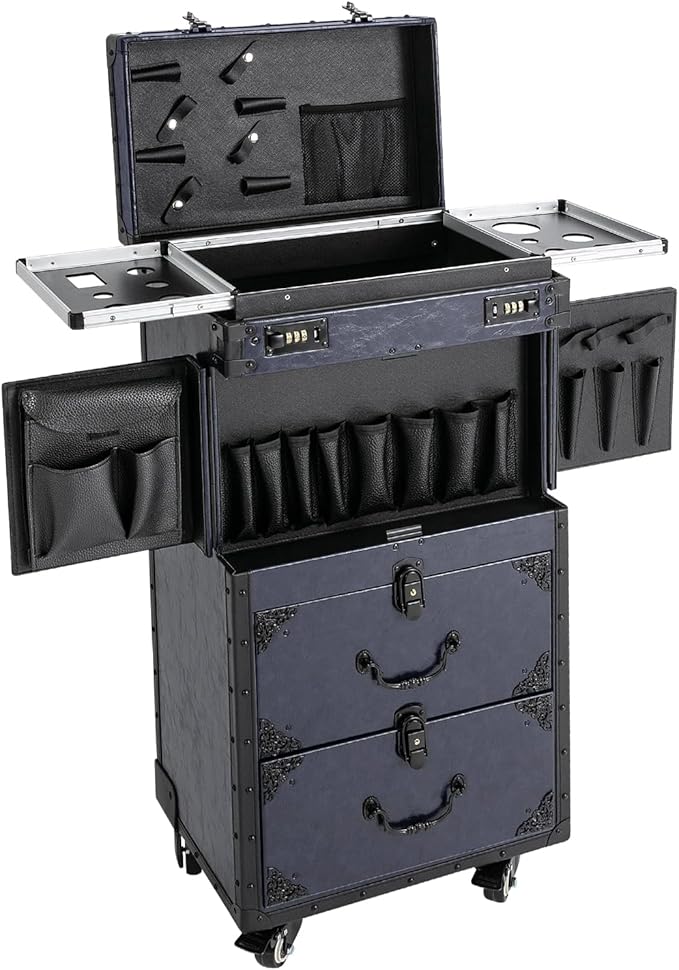 Rolling Makeup Case, Professional Cosmetic Train Case Trolley Roll Travel Box Large Capacity Salon Travel Case for Makeup Artist, Hairstylists, Nail Tech Makeup (Style 1)