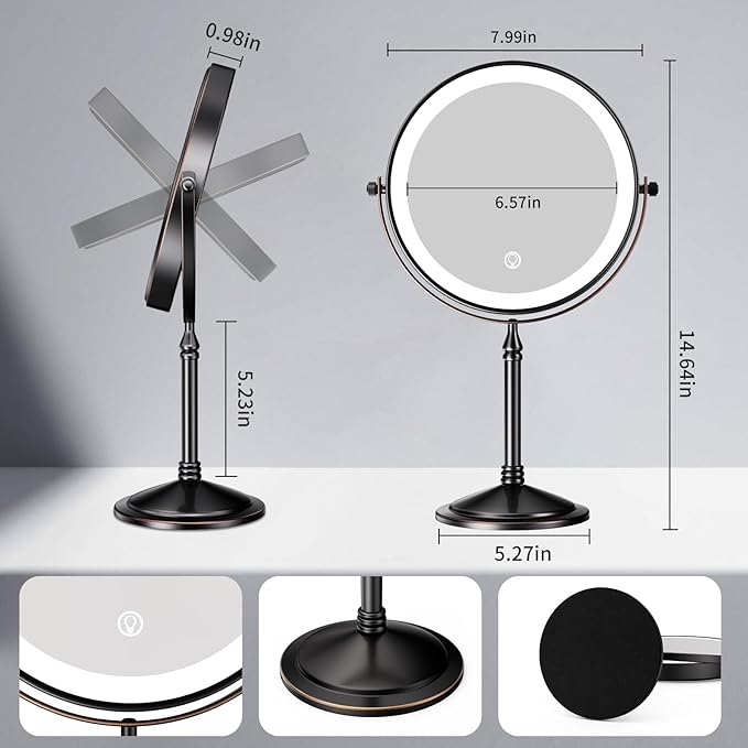 Nicesail Rechargeable Makeup Mirror with Lights and Magnification 10X, 3 Color LED Lights, Cordless Lighted Vanity Desk Mirror with Lights, Light up Magnifying Tabletop 360 Rotation Oil Rubbed Bronze