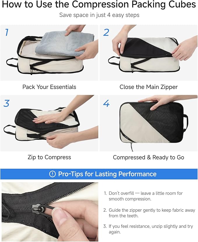LUGGEX 6 Set Compression Packing Cubes for Travel, POX01 Luggage Organizers Bags, Suitcase Organizer with Shoe Bag Travel Accessories Essentials for Carry on & Checked (POX-Core, Beige)