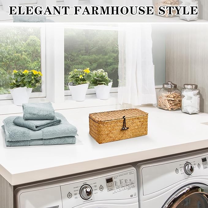 Dryer Sheet Holder, Woven Seagrass Dryer Sheet Container with Lid, Farmhouse Dryer Sheet Box Decor, Dryer Balls Dispenser for Laundry Room Organization and Storage-Natural Color