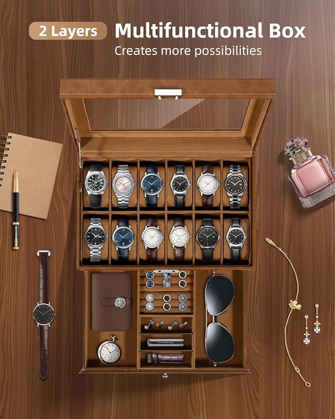Uten 12-Slot Watch Box, 2-Layers PU Leather Watch Case with Glass Lid, Watch Holder Organizer with Soft Pillow and Velvet Lining, Watch and Jewelry Storage Box, Brown
