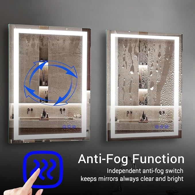 24"x36" LED Bathroom Mirror – Front Lighted Vanity Makeup Mirror, 3-Color Stepless Dimmable, Anti-Fog, CRI 95+, Memory Function, Large Smart Mirror for Wall