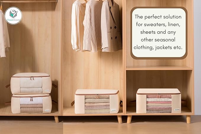 Canvas Storage Bags Designer Organizer for Clothing 2 Pack – Clothes Organizers for sweaters, clothing, garment, bedding, quilt, linens, large bag with zip & window, mothproof