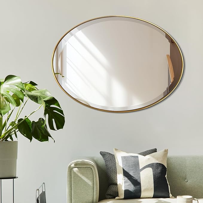POZINO Vanity Beveled Mirrors, 22"x30" Oval Mirror for Over Sink, Modern Brass Mirror with Stainless Steel Frame, Brush Gold Rounded Mirrors for Bathroom Bedroom Living Room, Horizontal Or Vertical ﻿