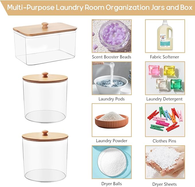 3 Pack Laundry Room Organization Storage Containers, Clear Large Laundry Detergent Powder Storage Containers with Wooden Lids & 16 Labels,Laundry Pods Holder for Scent Booster,Powder,Pods