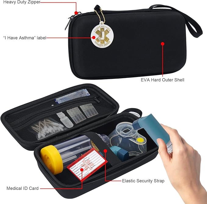 MGZNMTY Travel Carrying Case Compatible with Asthma Inhaler Spacer for Adults and Children, Masks, Inhaler Holder with Asthma Alert Tag and Medical Card, Carabiner (Only Case) (Black)