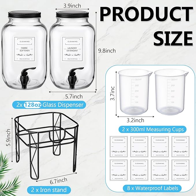 2 Pack 128 oz/ 3.8L Glass Laundry Detergent Dispenser, Liquid Soap Dispenser with Stand, Measuring Cups and Labels, Fabric Softener, Liquid Bleach Container for Laundry Room Organization