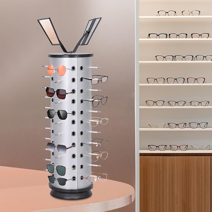 Rotating Glasses Display Stand Sunglass Holder, 44 Pairs Glasses Display Organizer with Mirror, Commercial Countertop Sunglasses Display Rack Sunglasses Holder Organizer (Round)