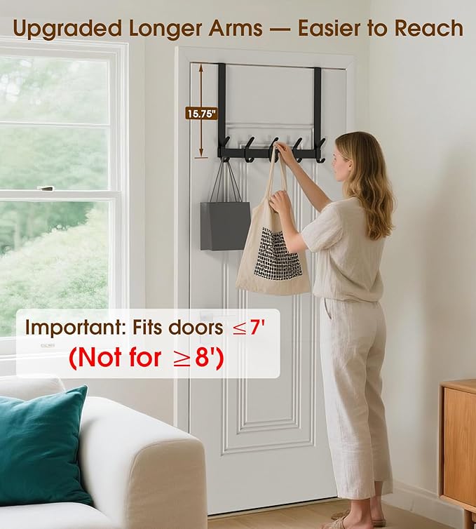 KitchLife Over The Door Hooks Hanger with 15.75 inches Extended Arms, Fit for 1-3/4" Doors, J40U, Thickened Bathroom Towel Rack Organization, 1 Pack Double-Hook, Matte Black