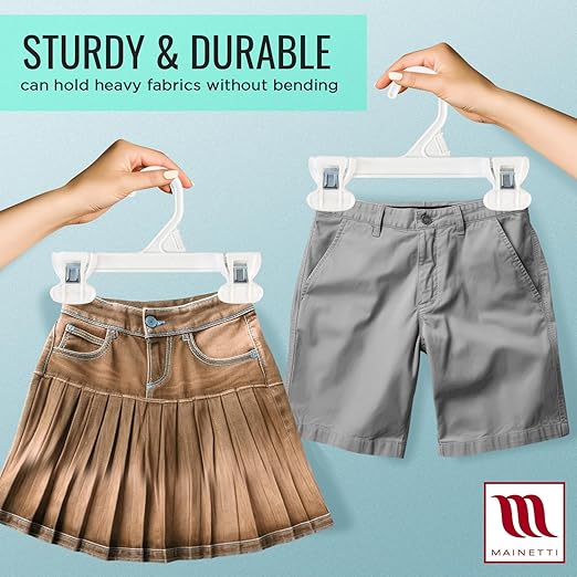 Mainetti 6108PWS50 White All Plastic Hangers - 50 Pack with Sturdy Plastic Non-Slip Clips, Great for Pants/Skirts/Slacks/Bottoms, 8 Inch