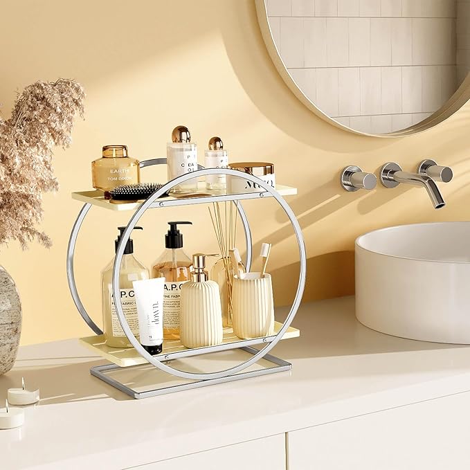 Perfume Organizer for Dresser, 2-Tier Bathroom Counter Organizer, Elegant Makeup Organizer for Vanity, Multi-Purpose Cosmetics Skincare Organizers Countertop (Silver Frame & Cream White Tray)