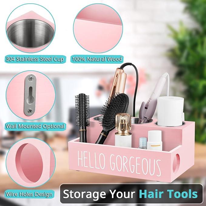 Bivvclaz Hair Tool Organizer, Wooden Hair Dryer Holder Countertop, Wall Mount Hot Tools Organizer for Hair Styling Accessories, Bathroom Supplies Vanity Caddy for Curling Wand, Blow Dryer, Pink