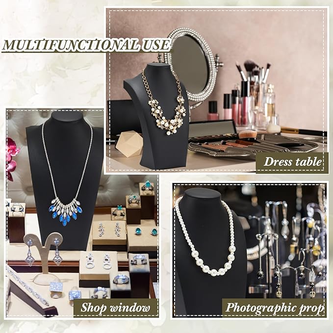 Kigley 3 Pcs Black PU Leather Jewelry Bust Display Necklace Display Stand Necklace Mannequin Holder for Jewelry Displays(11.42 x 6.89 Inch)