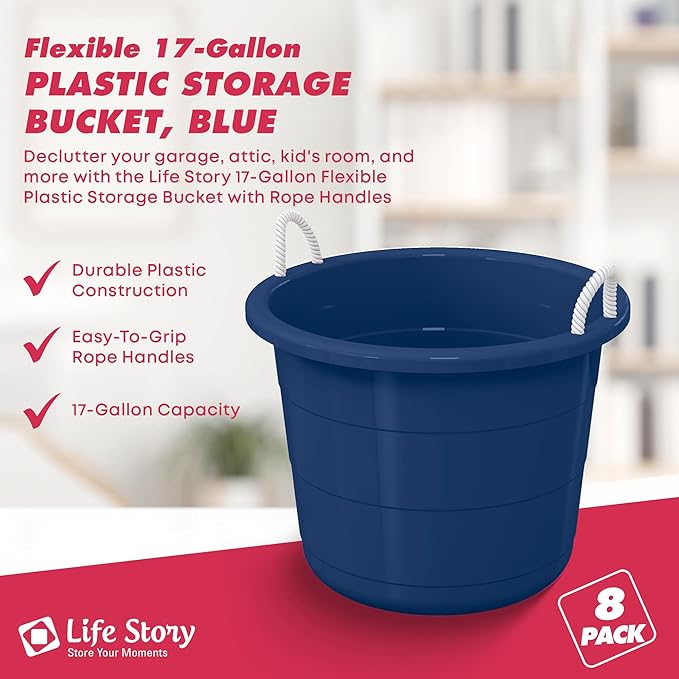 Life Story 8 Pack Open Storage Bucket, Round Plastic Container with Rope Handles, 17 Gallon, Blue
