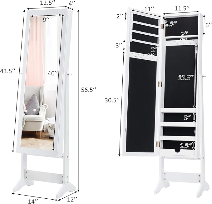 GOFLAME Jewelry Cabinet, Jewelry Organizer with Full Length Mirror Door, Standing Makeup Mirror Cabinet, Freestanding Jewelry Organizer with Large Storage Capacity (White)