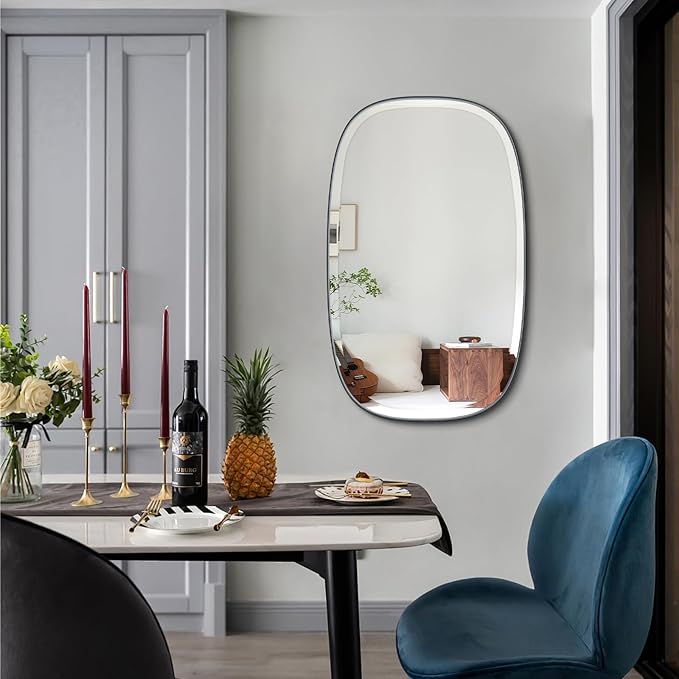 POZINO Oval Beveled Mirror Over Sink, 20"x30" Black Rectangle Mirror for Bathroom, Modern Oblong Vanity Wall Mirrors in Premium Stainless Steel Frame, Wall Mount Hangs Horizontal Or Vertical