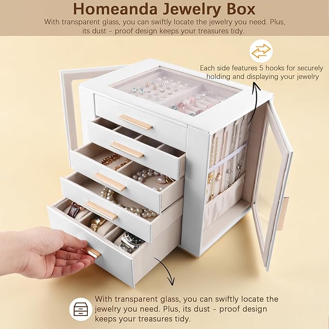Homeanda Jewelry Box for Women with Glass Lid, 5 Drawers Jewelry Organizer and Storage for Necklaces, Rings, Earrings, Bracelets, Gift for Girls and Teens,PU Leather (White)