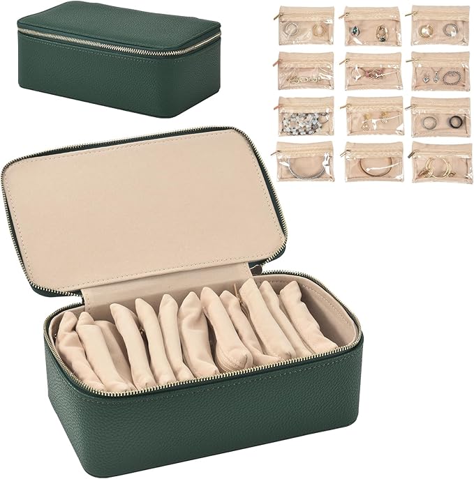 Travel Jewelry Box,Jewelry Travel Organizer for Women Girl,Travel Jewelry Case with 12pcs Velvet Jewelry Pouches for Necklaces Rings Earrings Sorting Storage（Black Green）