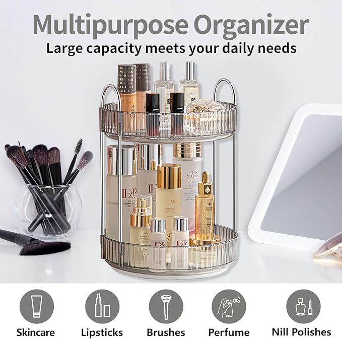 360 Rotating Makeup Organizer for Vanity,Bathroom Countertop Organizer,Spinning Perfume Organizer&Vanity Organizer(Grey-2 Tier)