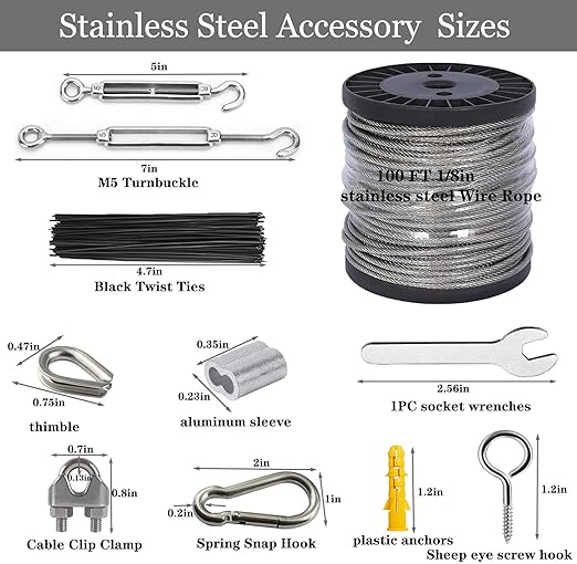 1/8 Wire Rope Kit,100ft Vinyl Coated Stainless Steel Cable with M5 Turnbuckles for Outdoor String Light Hanging Kit, Clothesline Cable, Curtain Hanging System
