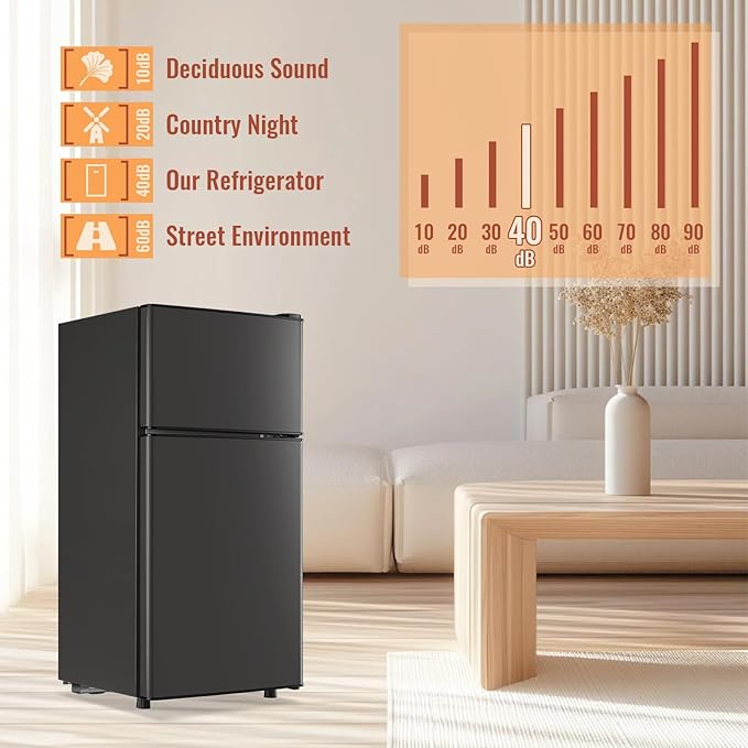 Mini Fridge with Double Doors Small Refrigerator with Separate Freezer & 7 Adjustable Temperature Control, Tiny Size & Personal Fridge Ideal for Office Apartment Dorm Dark Grey