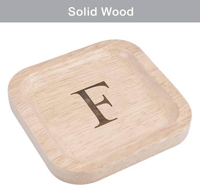 I'm Wooden Personalized Letter Catchall Valet Tray Trinket Dish Jewelry Tray Key Bowl Decorative Plate Organizing Ring Earrings Necklaces Bracelet Watch Coins Wallet Holder (6"x6" Sq Natural F)
