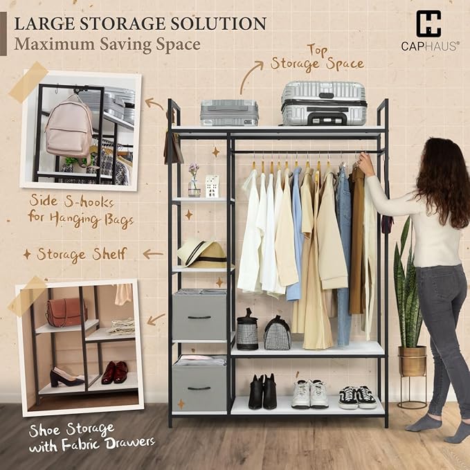 CAPHAUS 979lbs Capacity Garment Rack for Hanging Clothes, Heavy Duty Open Wardrobe w/Hanging Rods & Fabric Drawers, Free Standing Closet Organizer, Metal Closet Rack w/White Wooden Shelves