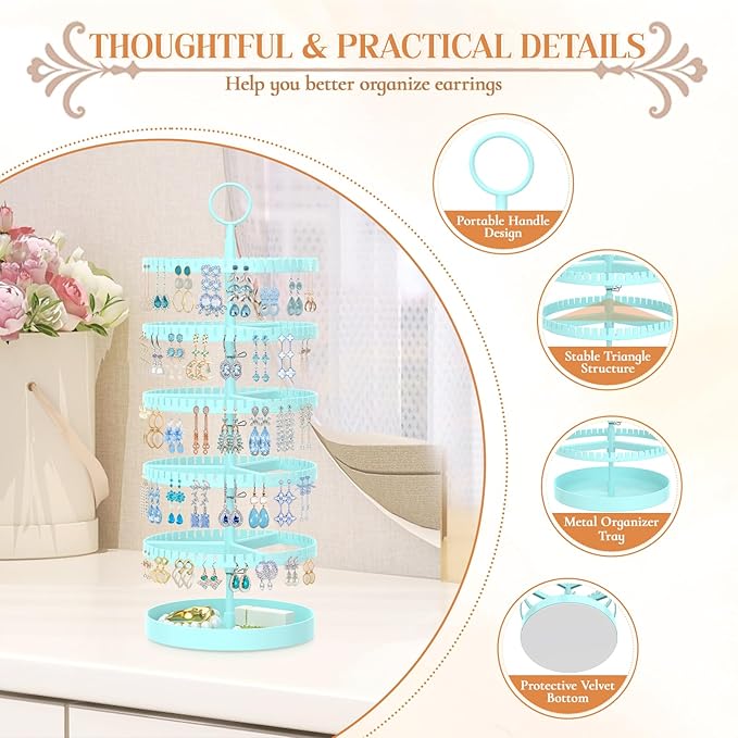 iDavosic.ly 5 Tier Rotating Earring Holder Organizer with Metal Tray, Adjustable Plastic Dangle Display Stands Tree with 285 Grooves, Large Hoop Storage Rack Tower, Blue