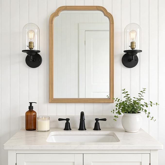 WallBeyond Wood Frame Wall Mirror Rounded Corner Arch Rectangle Mirror for Entryway, Living Room or Bedroom Home Decor - Light Woodgrain [20" x 30" Natural Color]